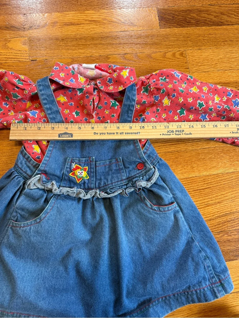 Vintage 90s Clown Denim Overalls Dress, Two Piece Stars Shirt Skirt (Youth 4)